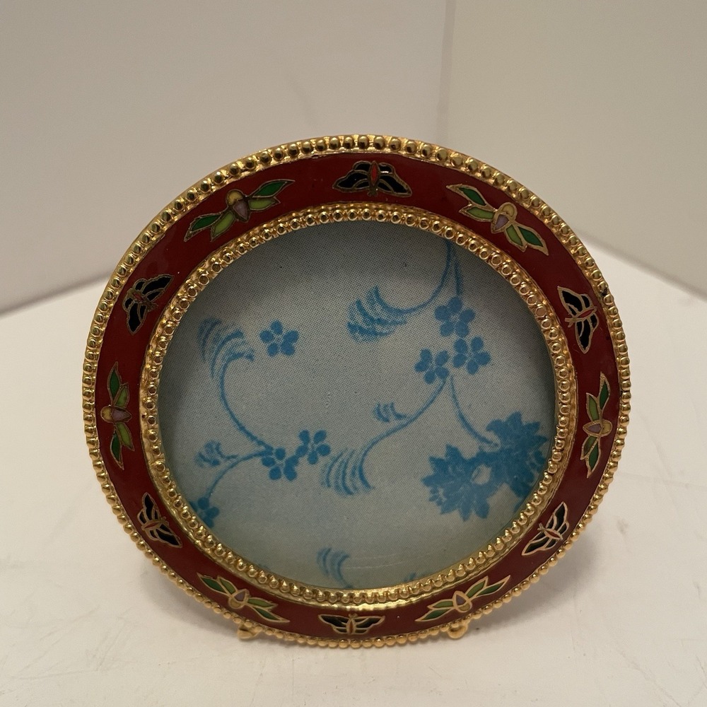 Vintage Cloisonne 2.75" Mini Round Photo Frame Red Enamel Butterflies,Gold Trim
